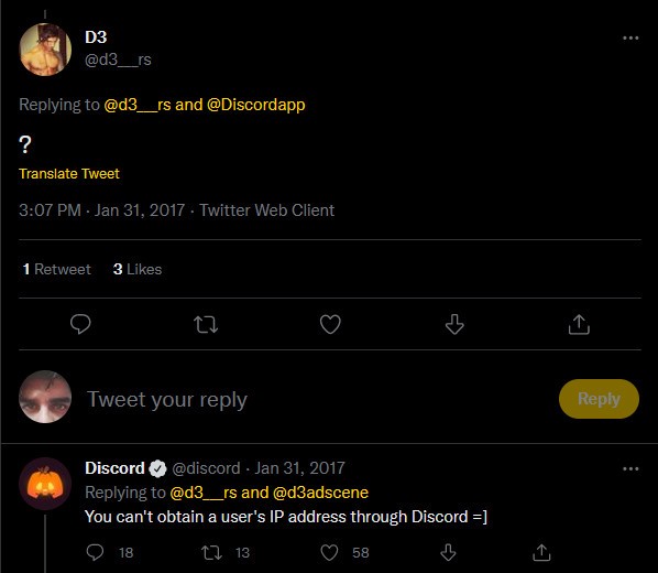 Discord official response on twitter about grabbing others IP Address