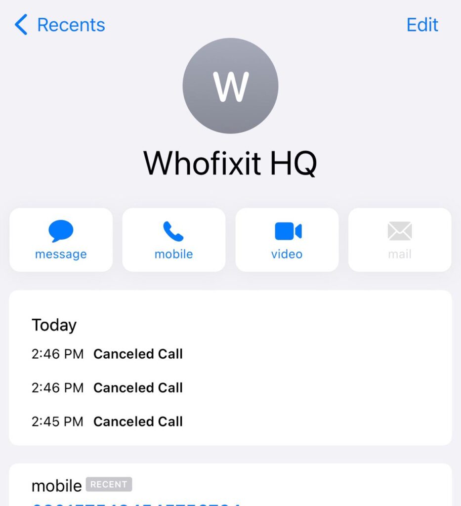 iPhone call log showing canceled calls